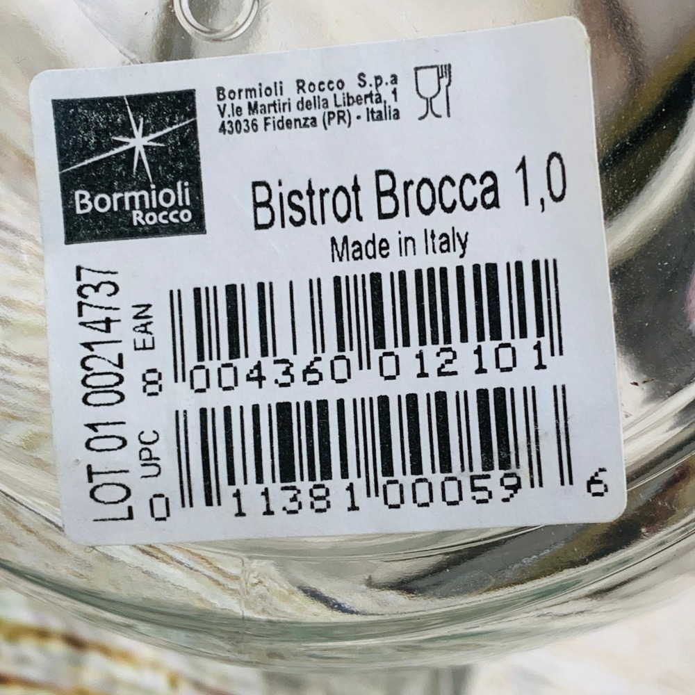 Bormioli‎ Rocco Bistro Brocca Pitcher Glass Carafe Made in Italy 1 Liter NWT - Picture 3 of 8